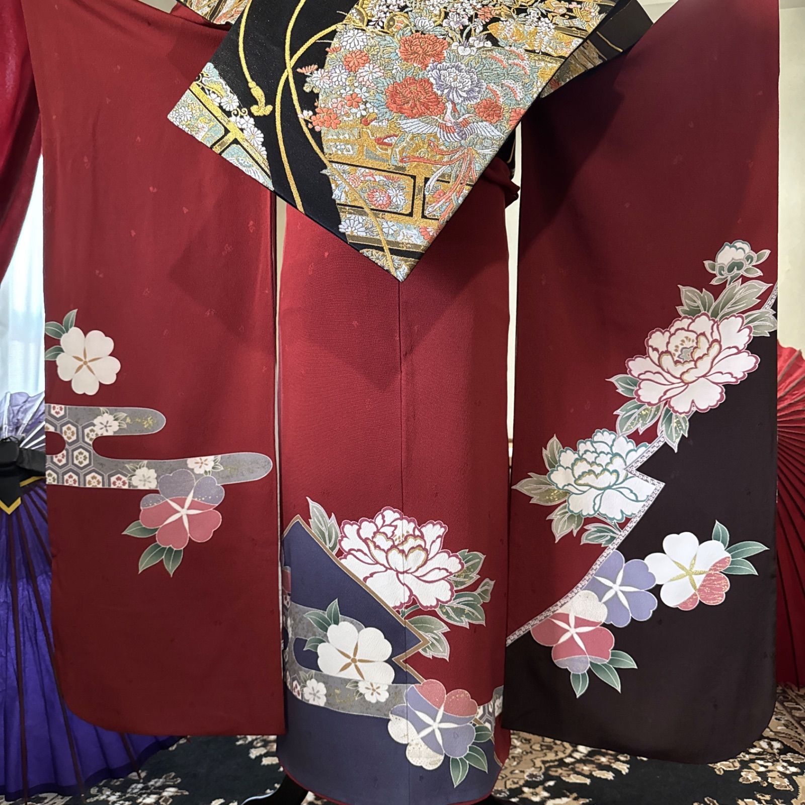 豪華刺繍正絹黒留袖袖フルセットお探しの方 西陣織袋帯 牡丹 駒