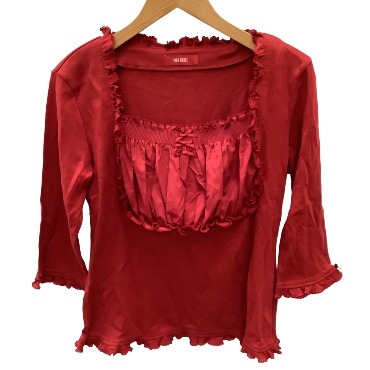 ♪♪PINK HOUSE ピンクハウス レディース フリル カットソー  ハートボタン カーディガン ２枚セット SIZE L レッド ハートモチーフ使いヨークニットカーディガン｜ピンクハウス