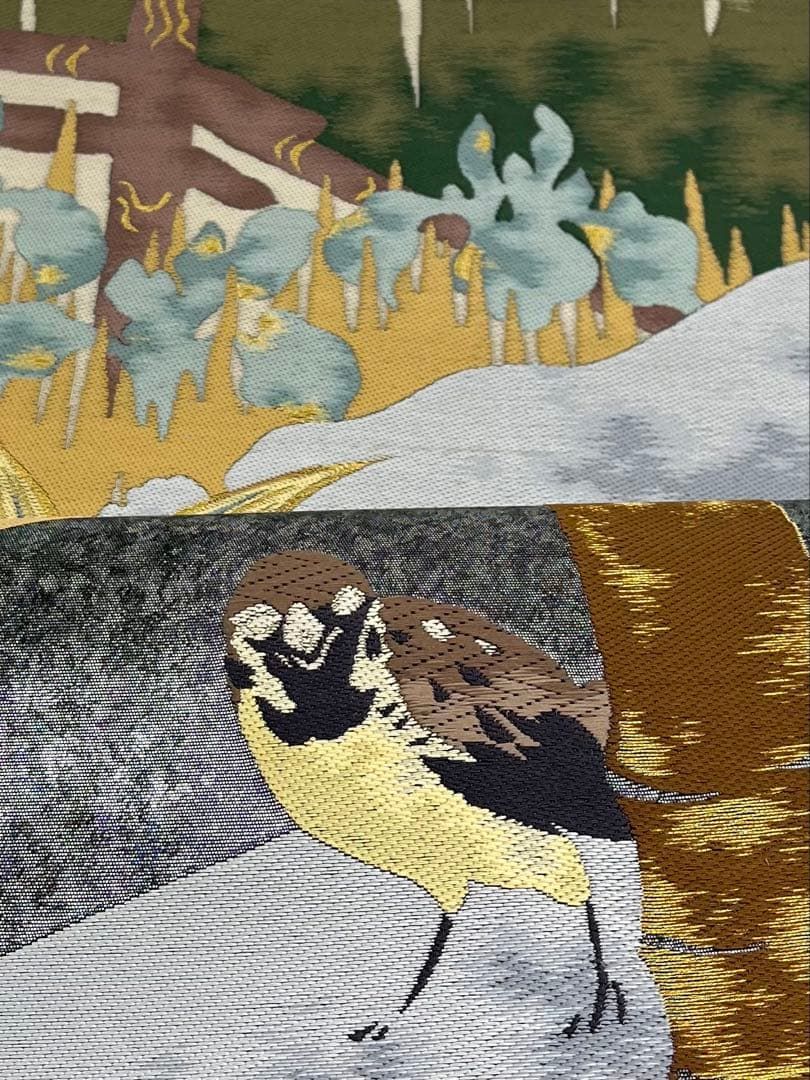 袋帯 雀 鳥 竹 雪景色 正絹 六通 D 252