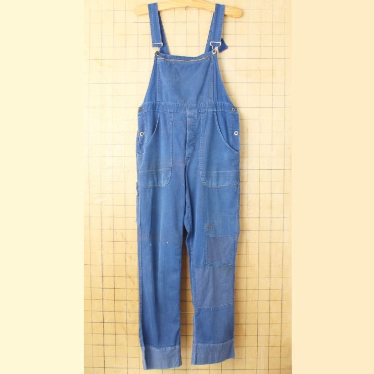 60 s 70 ユーロ GREIFF ヘリンボーンコットンツイル ワークオーバーオール W 32相当 ネイビー ブルー ペインター ヨーロッパ古着 082725 aw 75