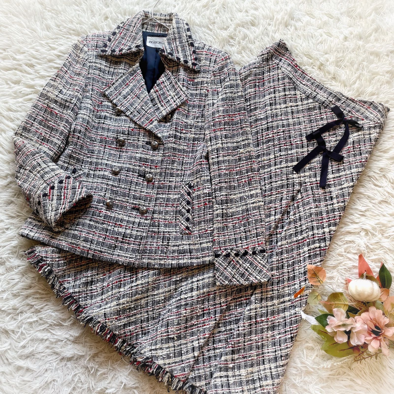 レトロ✨インゲボルグ ミックスツイード　セットアップ　花柄/総柄　ロングスカート INGEBORG インゲボルグ 金子功 ミックスツイードセットアップ ロング