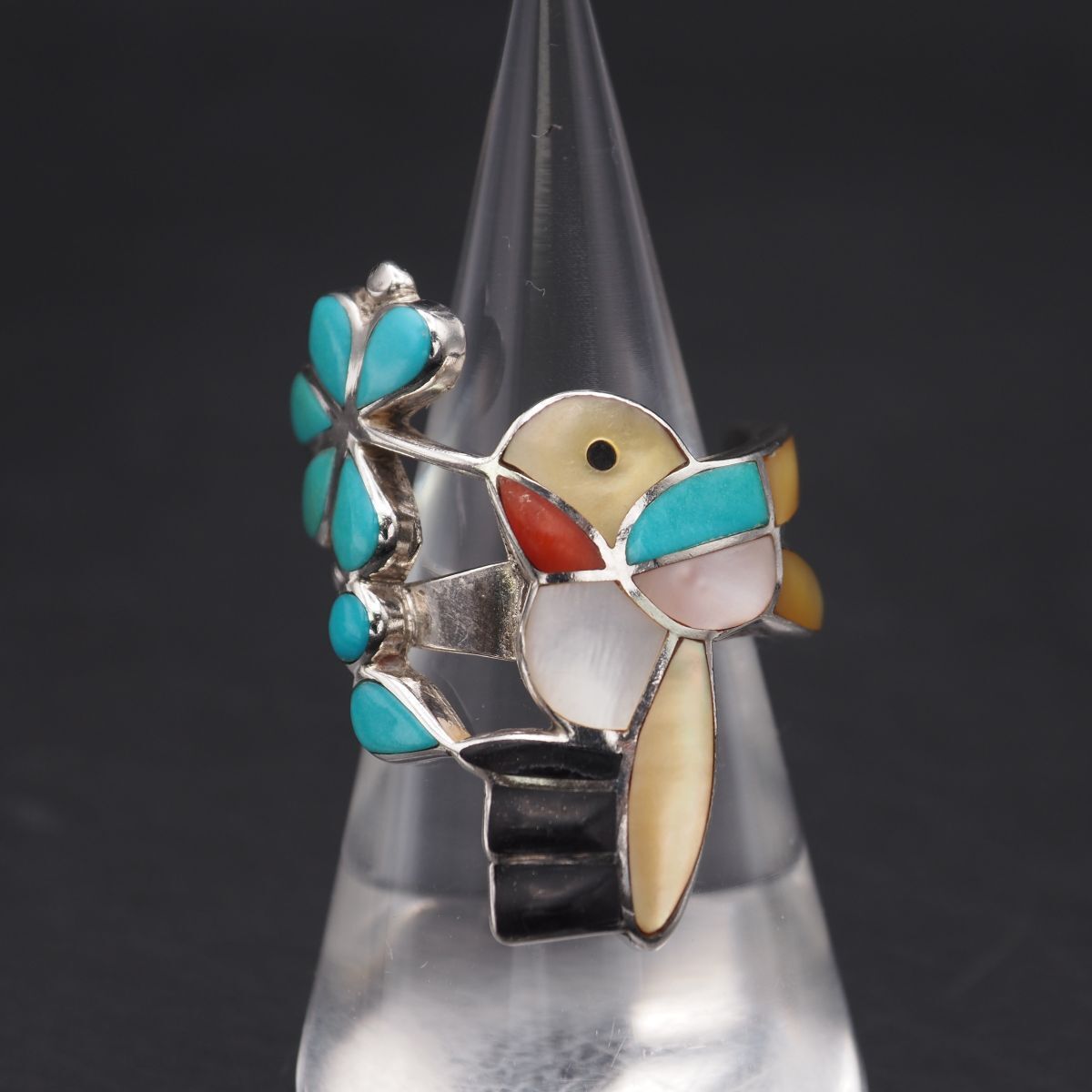 L 475 ターコイズ トルコ石 シェル 等 ストーン ズニ族 リング バード インレイ デザイン シルバー 指輪 インディアンジュエリー14号
