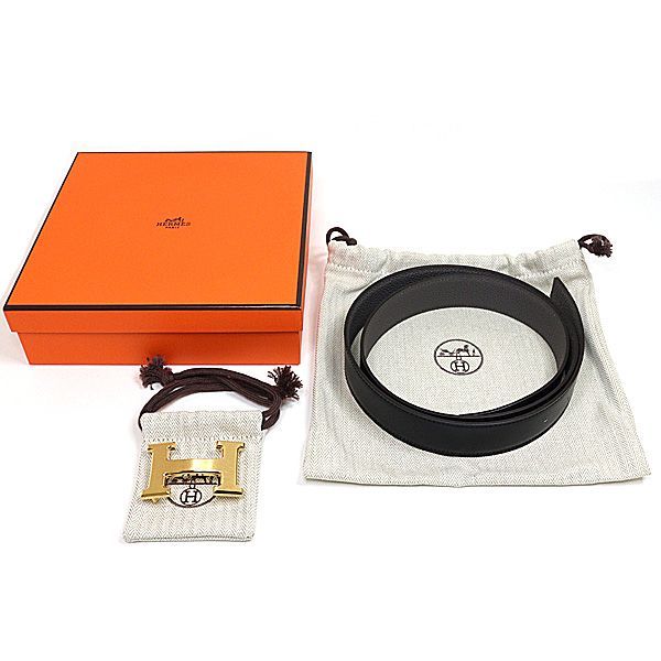 エルメス ベルトバックルH - レザーベルト 32 ボックスカーフ 135 ヴォー トーゴ 黒 エタン W刻印