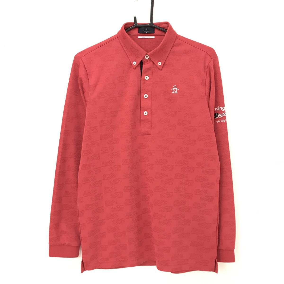 美品】マンシングウェア 長袖ポロシャツ レッド 地模様 ロゴ刺しゅう