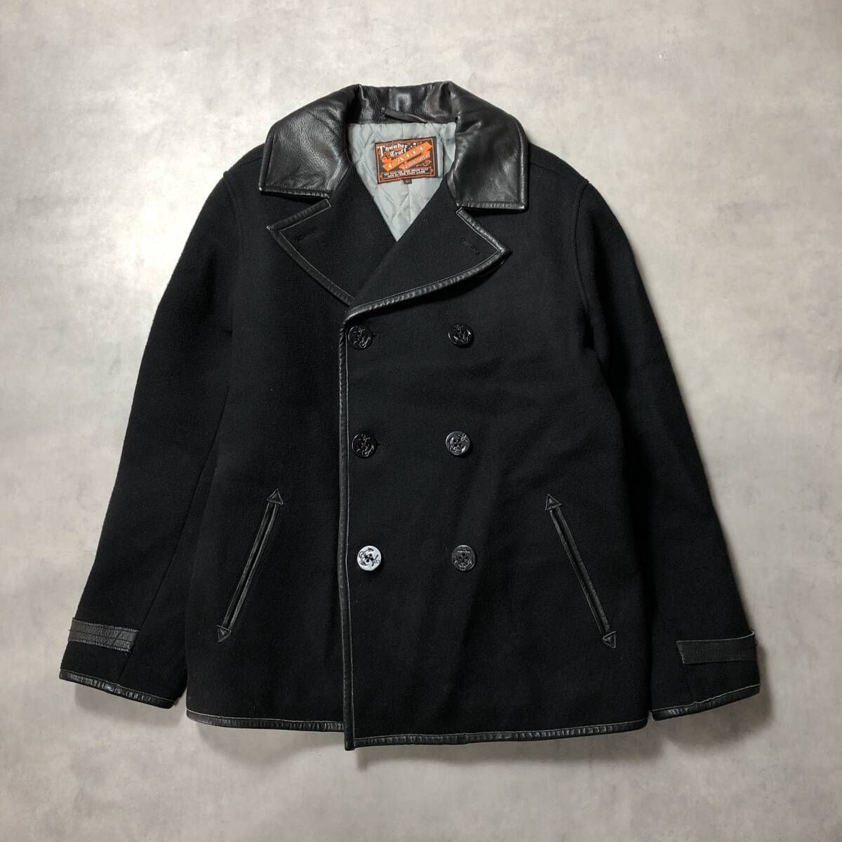 GQ4375◇CALEE : Thunder Craft レザー切替 メルトンピーコート◇L◇黒