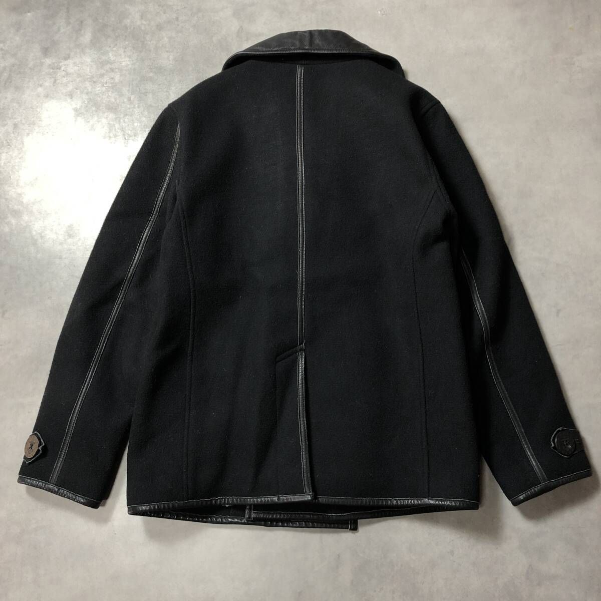 GQ4375◇CALEE : Thunder Craft レザー切替 メルトンピーコート◇L◇黒