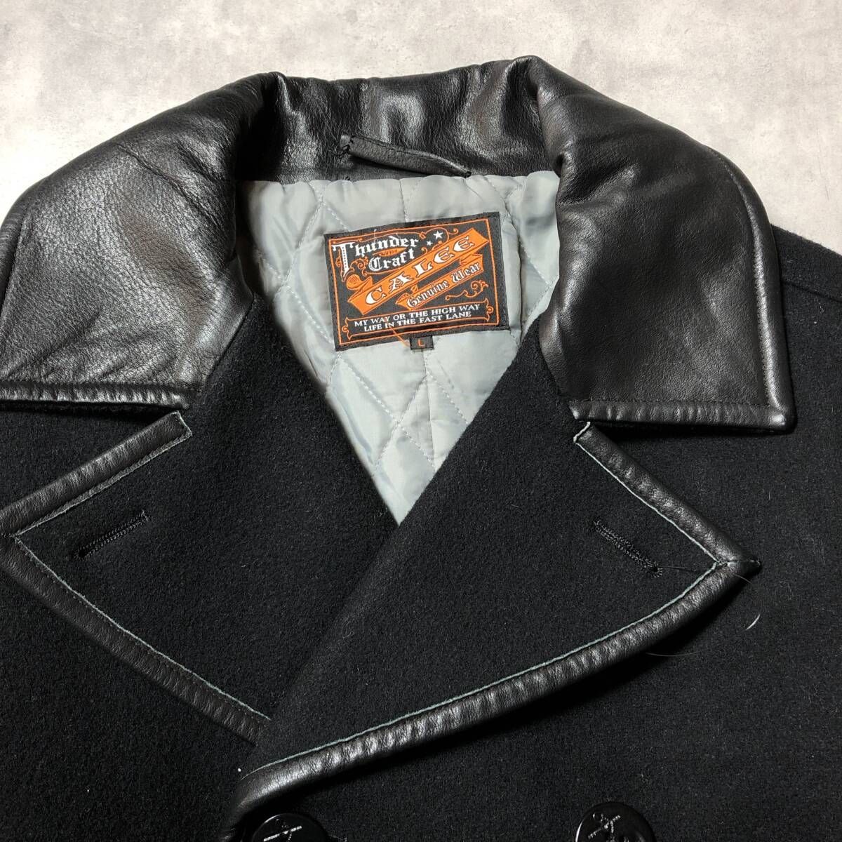 GQ4375◇CALEE : Thunder Craft レザー切替 メルトンピーコート◇L◇黒