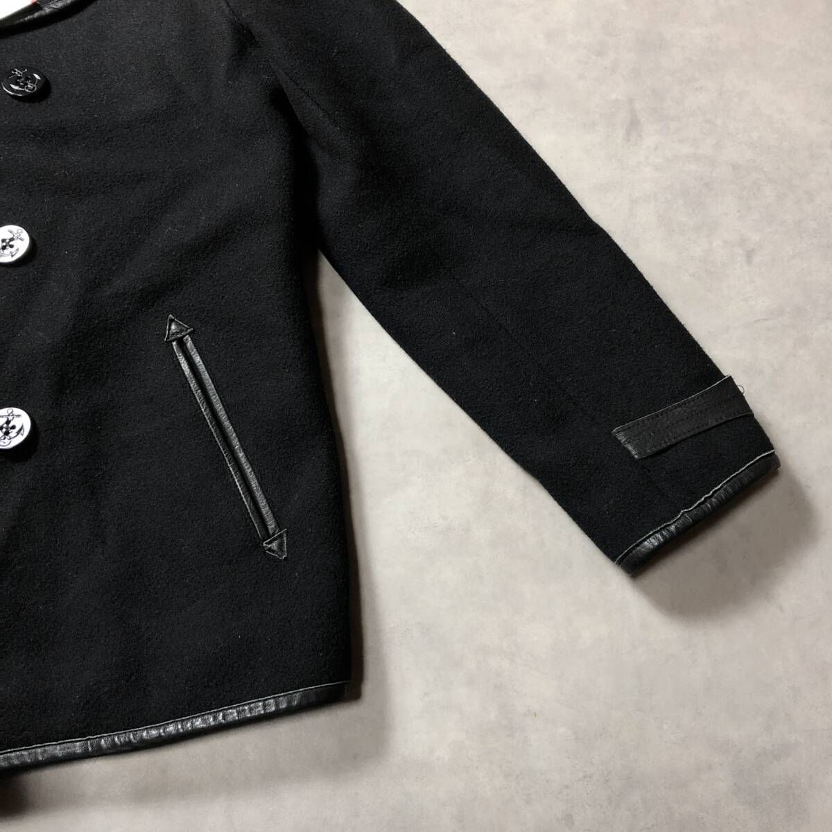 GQ4375◇CALEE : Thunder Craft レザー切替 メルトンピーコート◇L◇黒