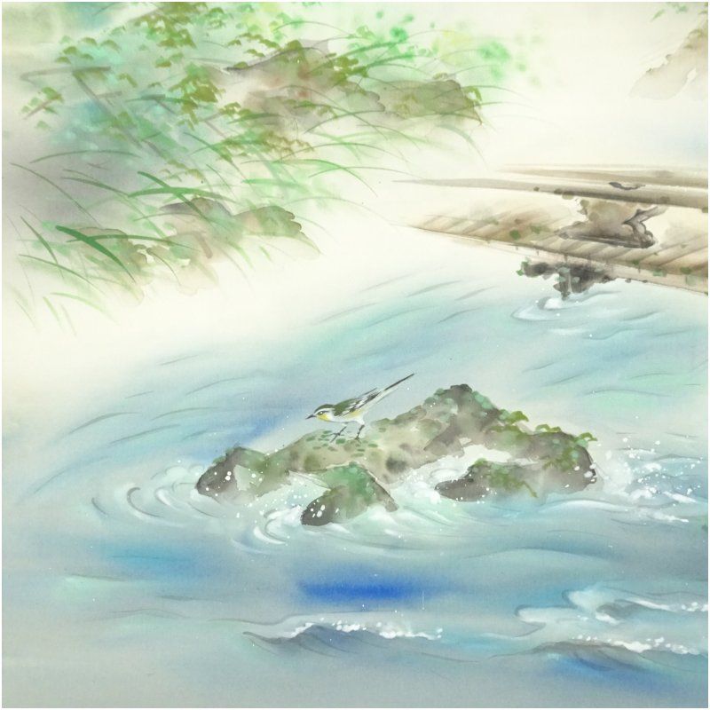 四方山蒼風筆 山水図 肉筆絹本掛軸（共箱） 掛け軸 床の間 書 おしゃれ