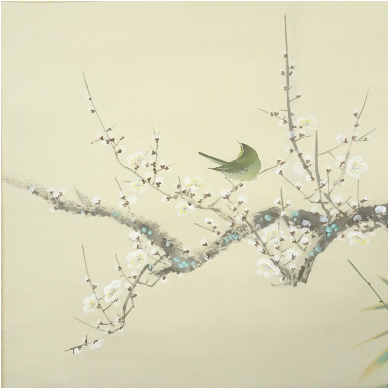 長谷川石根筆 白梅に鶯 肉筆絹本掛軸（共箱） 掛け軸 床の間 書