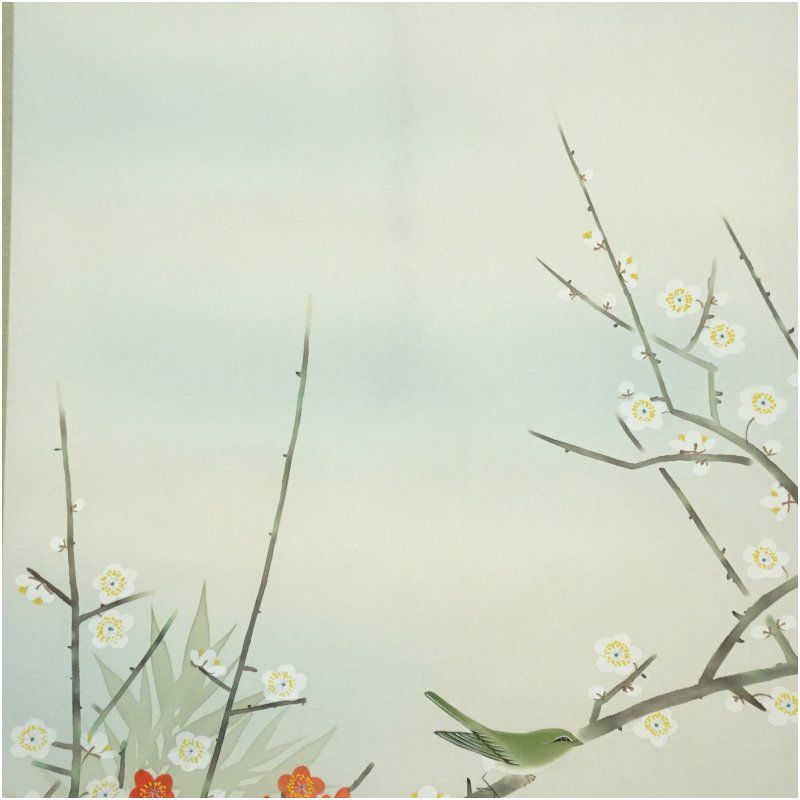 紅白梅に小禽　野川朝邨　掛け軸　共箱あり 紅白梅に小禽野川朝邨掛け軸共箱あり