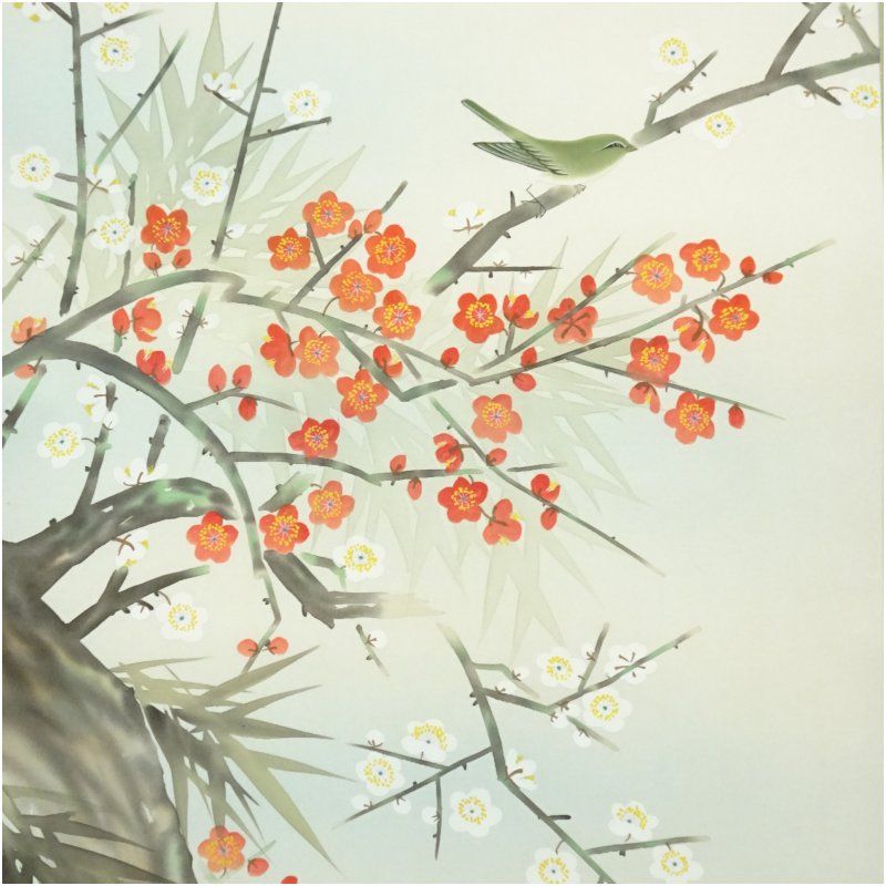 北川光鈴筆 紅白梅小禽 肉筆絹本掛軸（共箱） 掛け軸 床の間 書