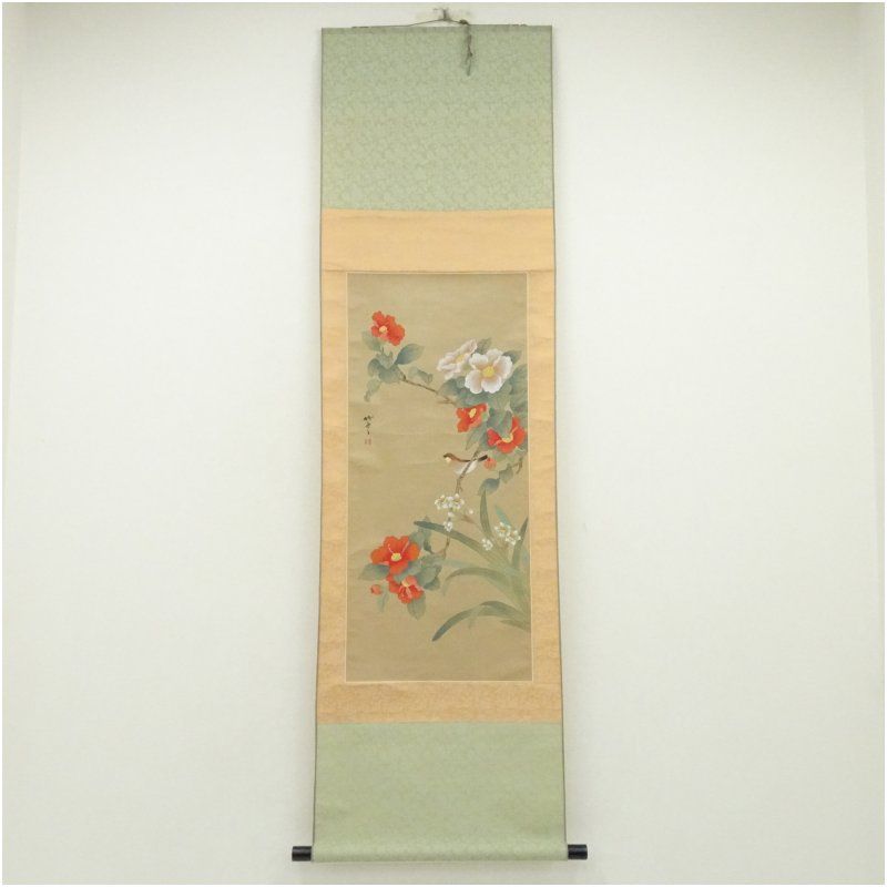 竹雲筆 花鳥図 肉筆絹本掛軸（紙箱） 掛け軸 床の間 書 おしゃれ 絵画