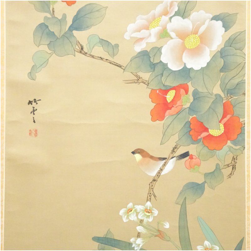 竹雲筆 花鳥図 肉筆絹本掛軸（紙箱） 掛け軸 床の間 書 おしゃれ 絵画