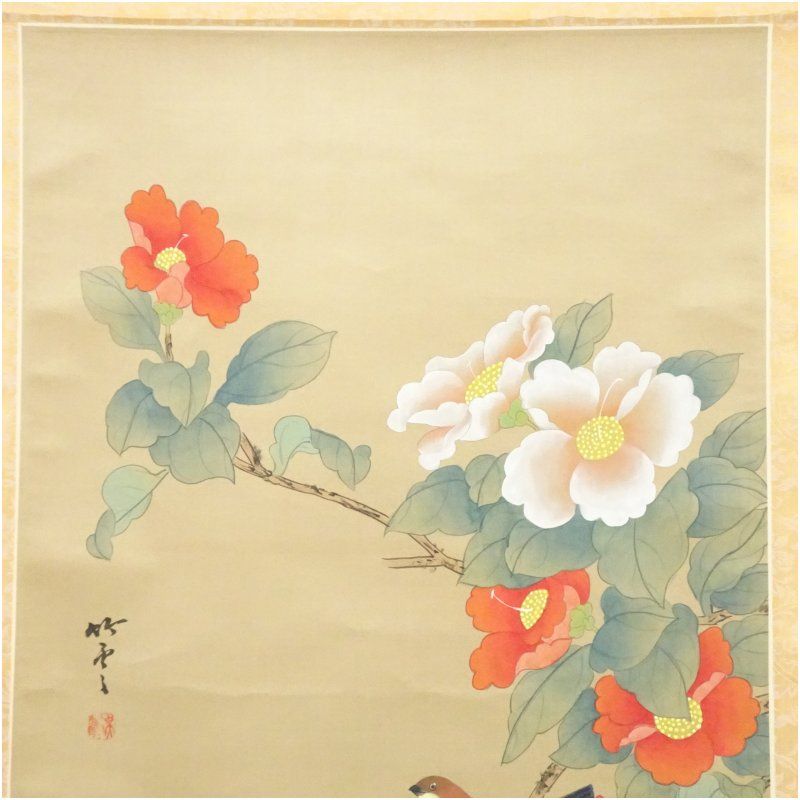 竹雲筆 花鳥図 肉筆絹本掛軸（紙箱） 掛け軸 床の間 書 おしゃれ 絵画