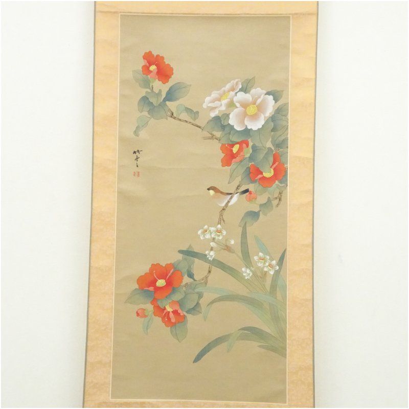 【絹本】肉筆掛け軸花鳥画　細筆画「鶴と松」美術品　絵画　和室　茶室　床の間 絹本】肉筆掛け軸花鳥画 細筆画「鶴と松」美術品 絵画 和室 茶室 床の間