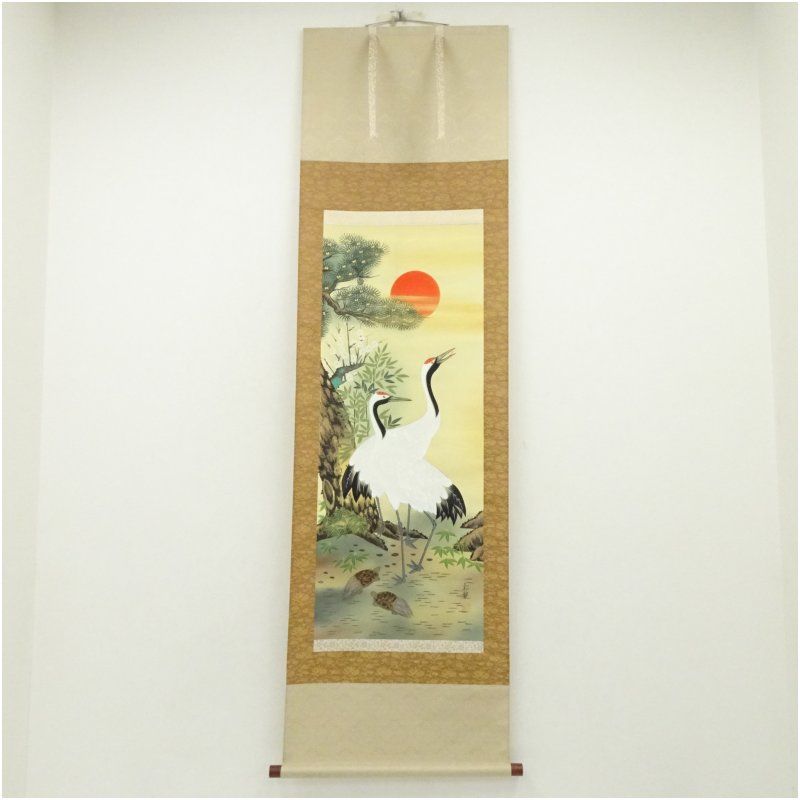 松観筆 松竹梅鶴亀 肉筆絹本掛軸（共箱） 掛け軸 床の間 書 おしゃれ