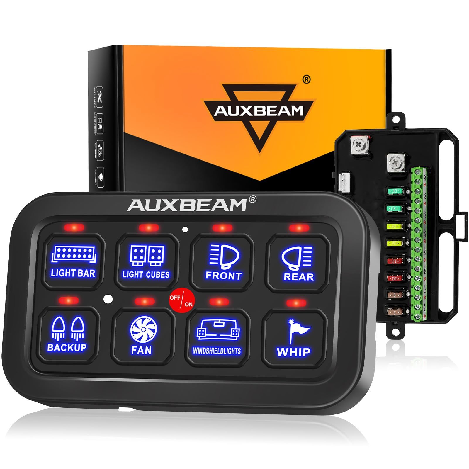 Auxbeam 8ギャングスイッチパネル BA 80 自動調光機能付き LED タッチコントロールパネルボックス 電子リレーシステム カータッチスイッチボックス ユニバーサル トラック ATV UTV ボート マリン 8ギャングブルー 片側配線