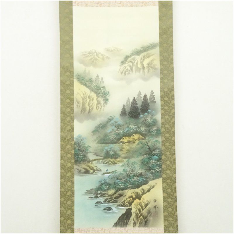 紫峰筆 彩色山水 肉筆絹本掛軸（保護箱） 掛け軸 床の間 書 おしゃれ
