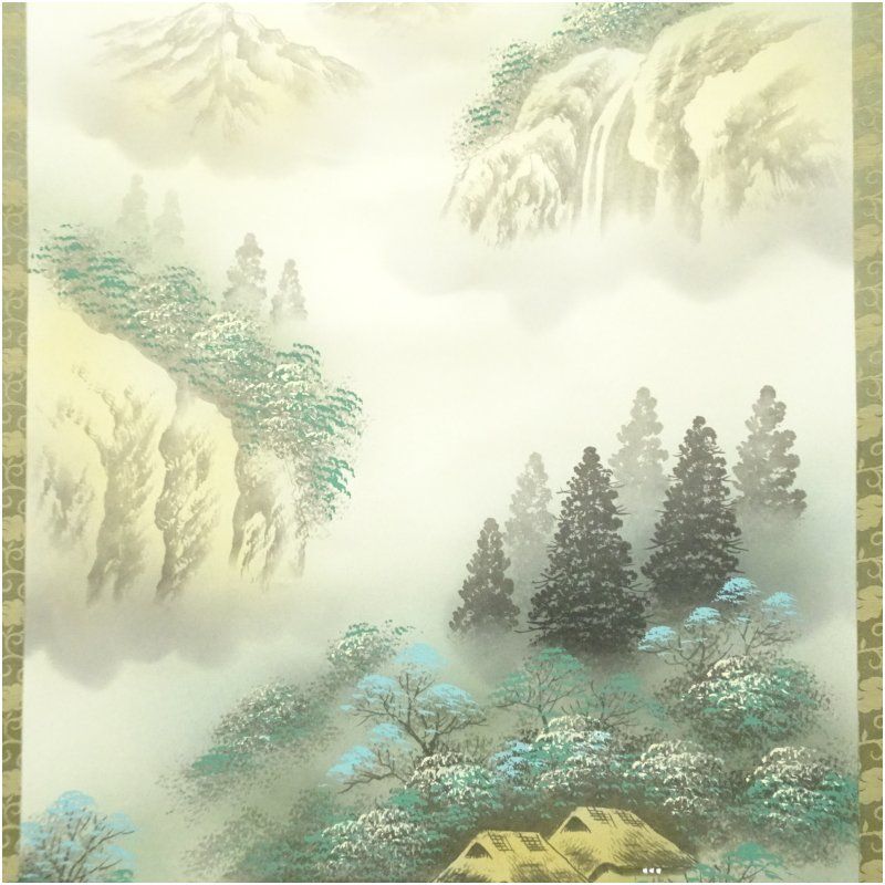 紫峰筆 彩色山水 肉筆絹本掛軸（保護箱） 掛け軸 床の間 書 おしゃれ