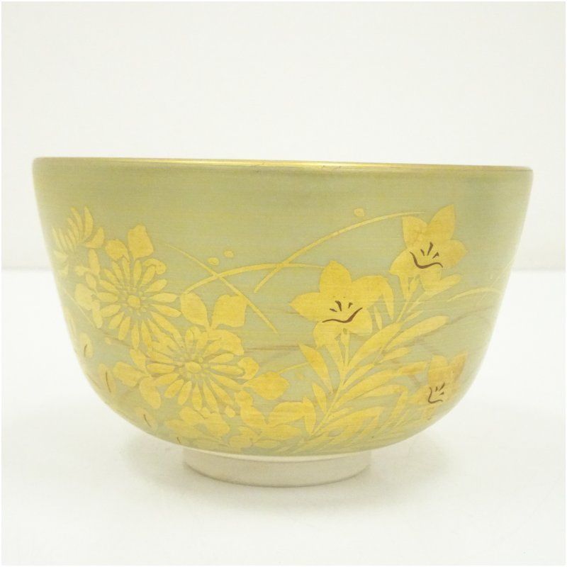 京焼 清峰筆 金かすみ秋草茶碗 共箱 茶道 抹茶 おしゃれ 抹茶茶碗 抹茶碗 和食器 レトロ 茶器 骨董 茶わん 茶会 茶の湯 秋