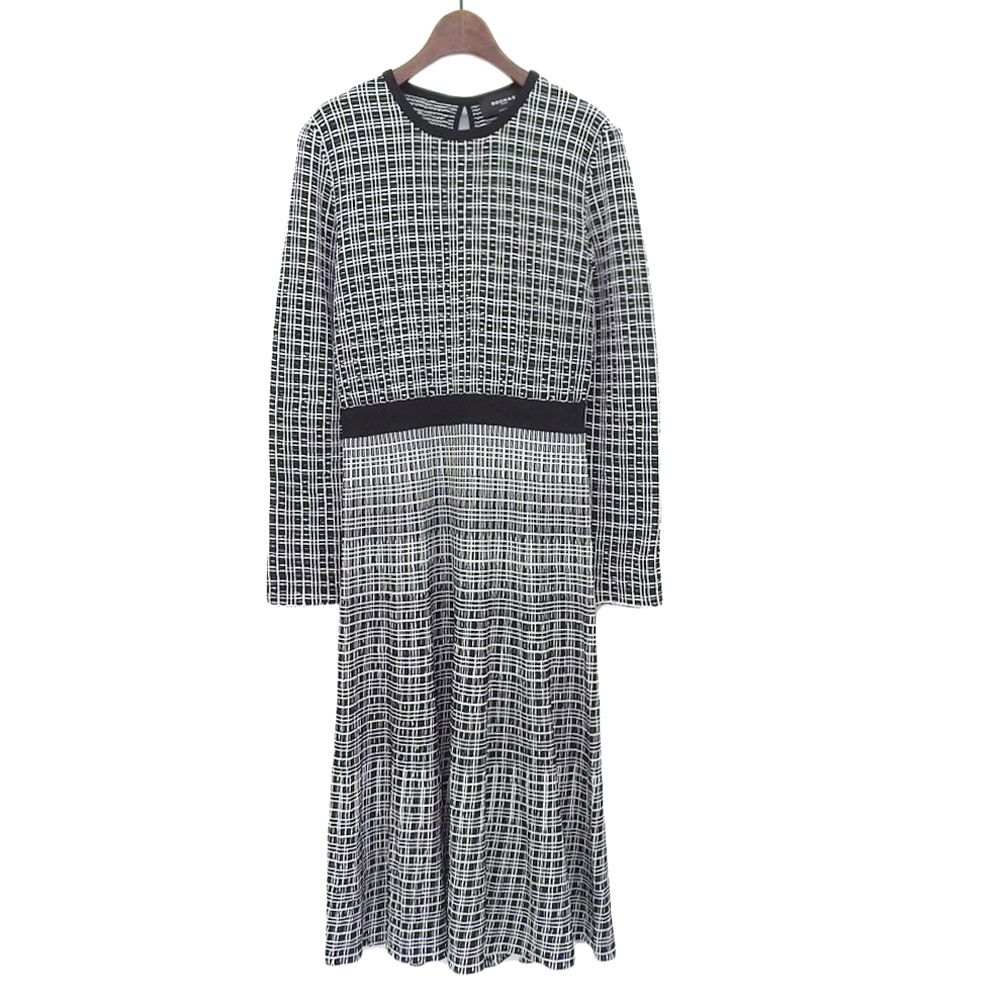 ROCHAS ロシャス レーヨン 長袖 ワンピース レディース ブラック×ホワイト XS 32-158-11-061128 ブラック ホワイト