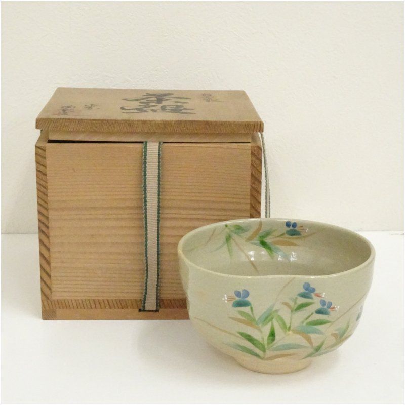 押小路窯造 色絵露草茶碗（保護箱） 茶道 抹茶 おしゃれ 抹茶茶碗 抹茶