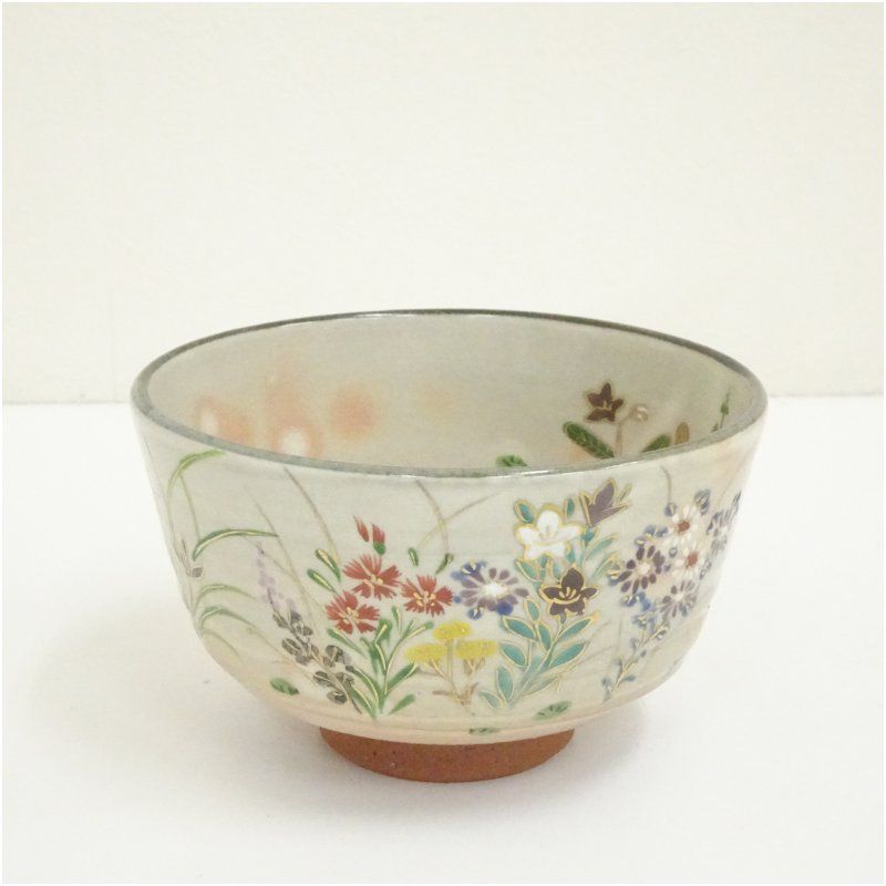 京焼 橋本紫雲造 乾山写春秋草花文茶碗（共箱） 茶道 抹茶 おしゃれ