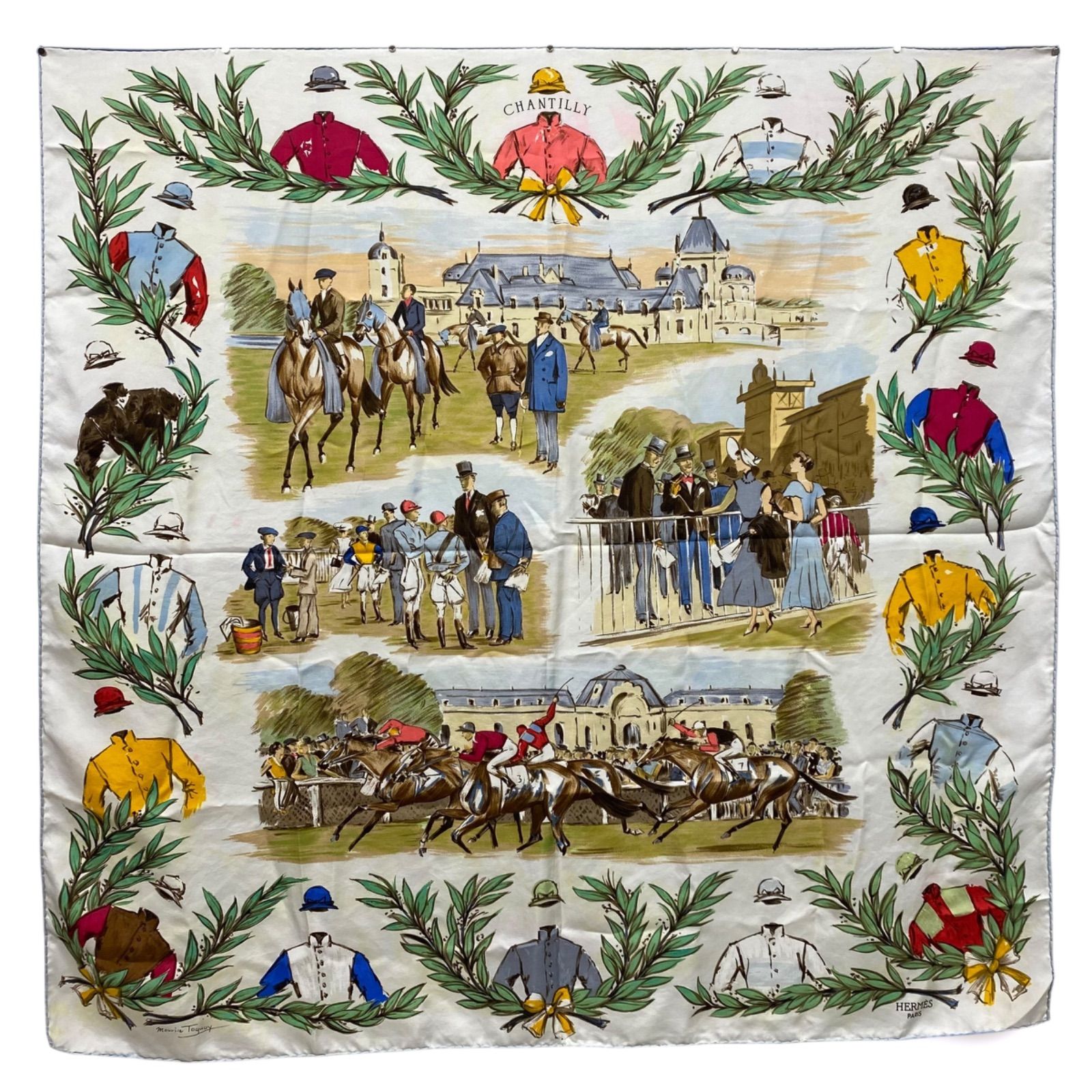 エルメス カレ90 シルクスカーフ 競馬場 ホワイト HERMES AC 0125