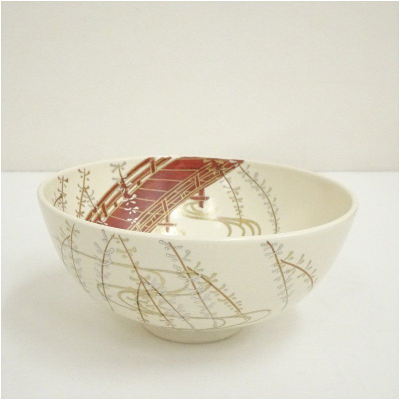 京焼 利昇窯造 仁清写柳橋茶碗 共箱 茶道 抹茶 おしゃれ 抹茶茶碗 抹茶碗 和食器 レトロ 茶器 骨董 茶わん 茶会 茶の湯 夏