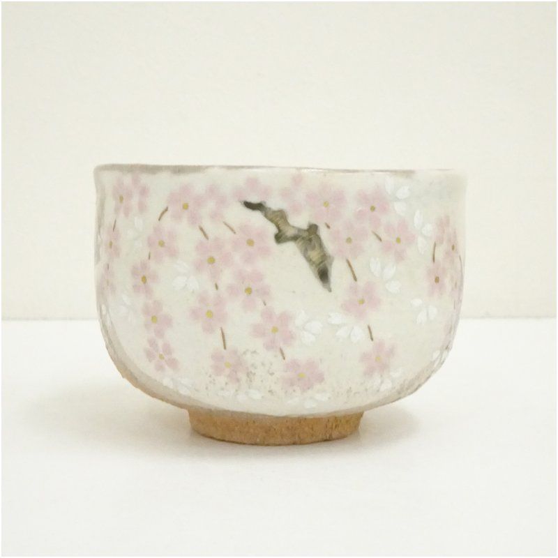 竹桂庵 西山象楽造 裂白釉枝垂桜図茶碗（共箱） 茶道 抹茶 おしゃれ