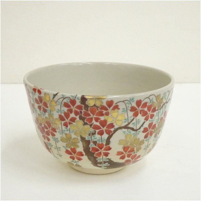京焼 岡田赤雲造 桜絵茶碗 共箱 茶道 抹茶 おしゃれ 抹茶茶碗 抹茶碗 和食器 レトロ 茶器 骨董 茶わん 茶会 茶の湯