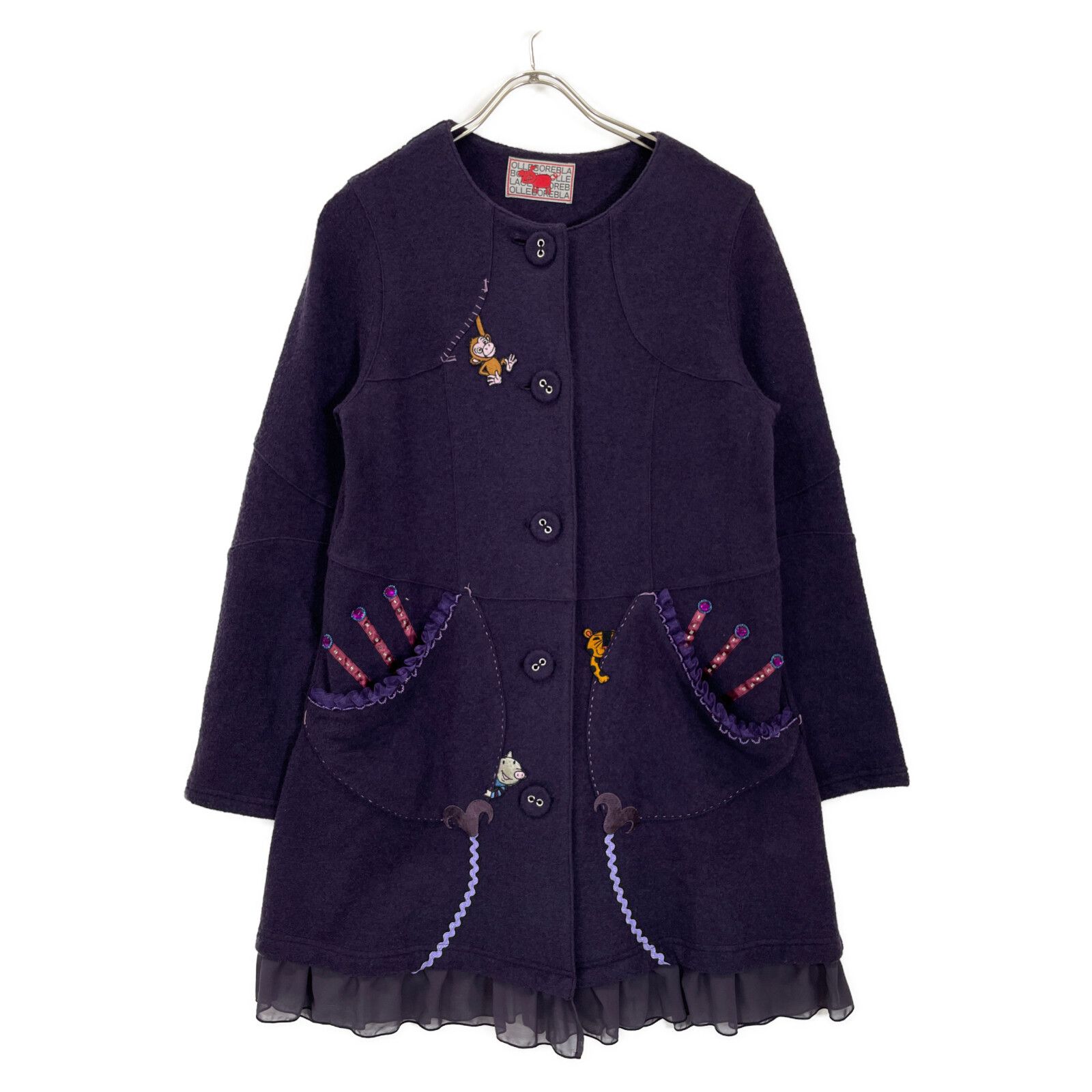 アルベロベロ ダッフルコート ブタさん 紫系 OLLEBOREBLA OLLEBOREBLA アルベロベロ ﾊﾟｰﾌﾟﾙ 豚さん 動物刺繍 ﾋﾞｼﾞｭｰ ﾉｰｶﾗｰ ｺｰﾄ