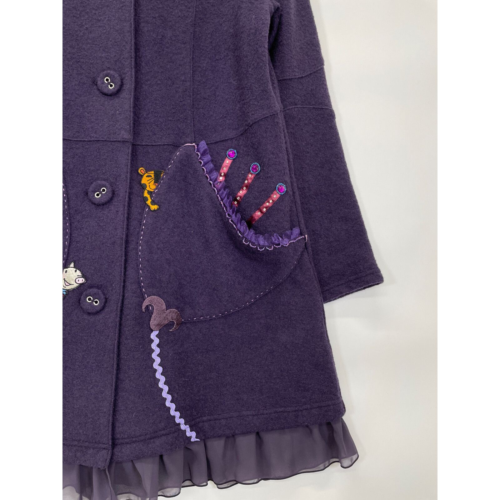 OLLEBOREBLA アルベロベロ ﾊﾟｰﾌﾟﾙ 豚さん 動物刺繍 ﾋﾞｼﾞｭｰ ﾉｰｶﾗｰ ｺｰﾄ