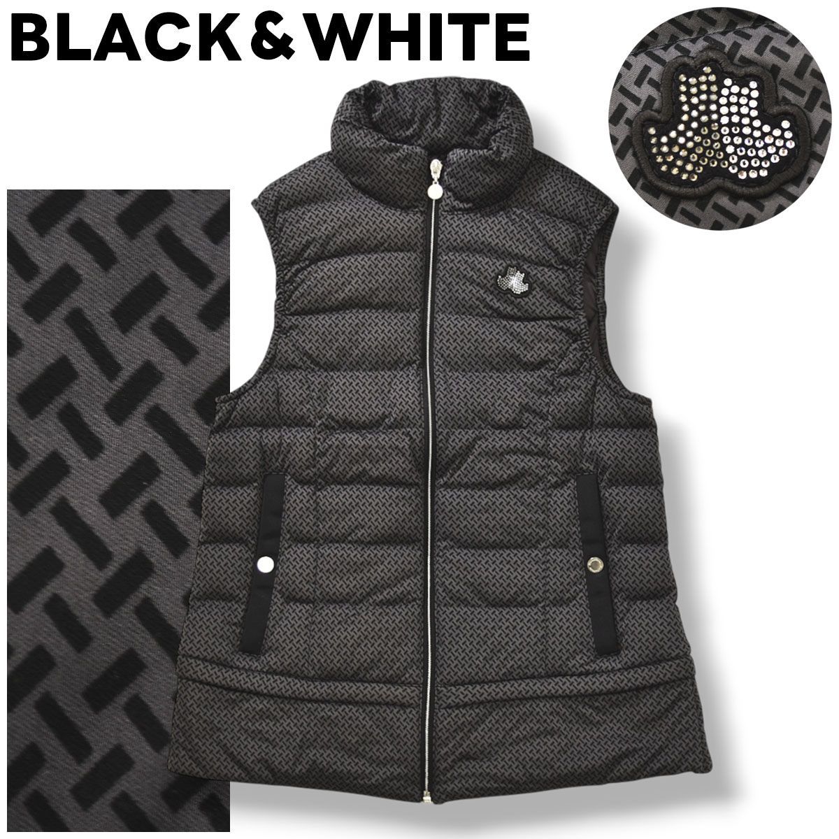 ブラックアンドホワイト BLACK＆WHITE サーモア THERMORE 中綿 キルティング ベスト ジップアップ ジャンパー M 総柄 チャコールグレー x ブラック ゴルフ スポーツ カジュアル ウェア レディース