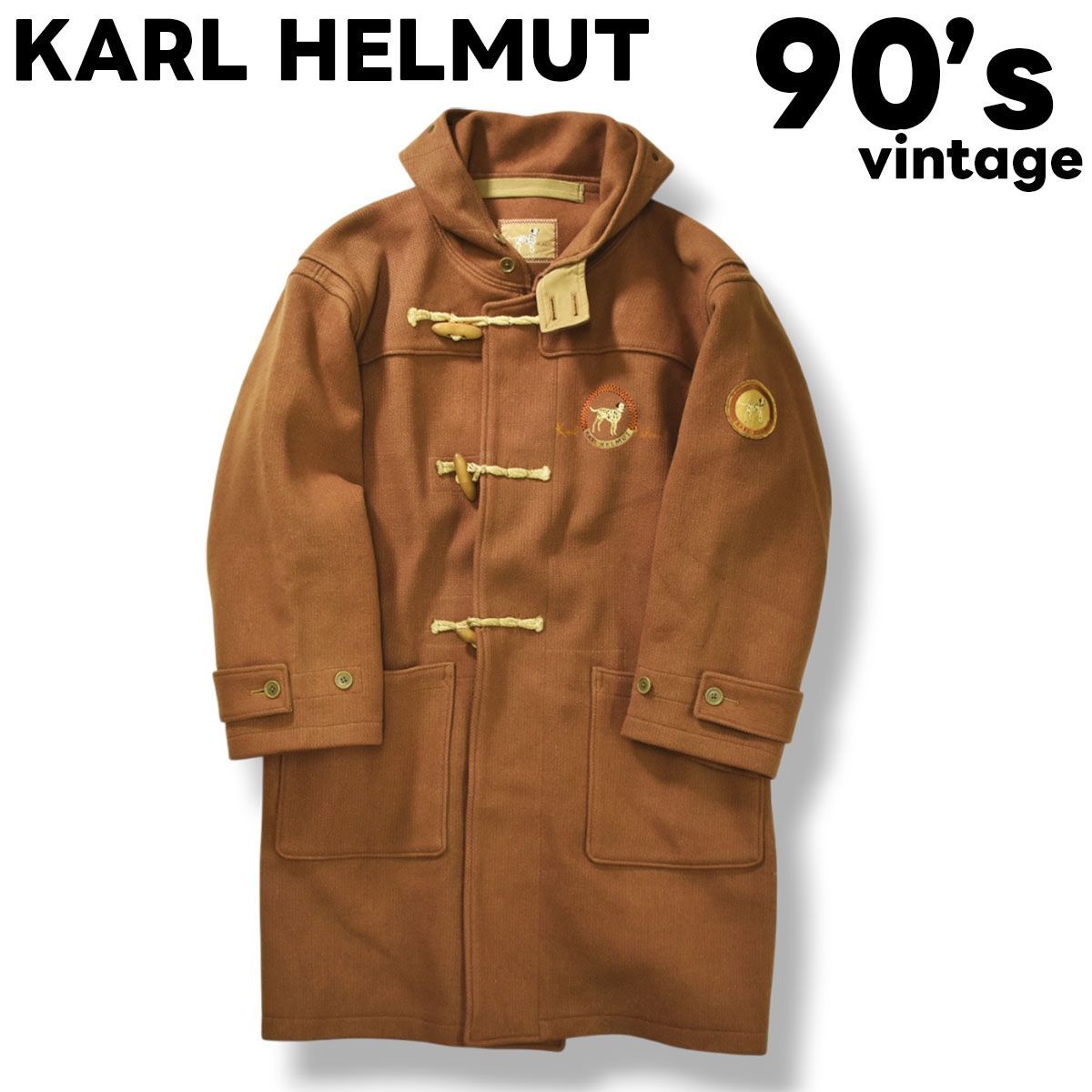 90 s ヴィンテージ カールヘルム KARL HELMUT ダッフル コート 刺繍 ワッペン ロゴ ロング丈 アウター L相当 コヨーテブラウン カジュアル ウェア ブリティッシュ スタイル メンズ