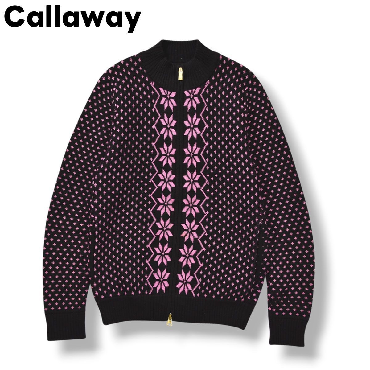 キャロウェイ Callaway エックスシリーズ X SERIES ウォーム スポーツ WARM SPORT ドライバーズ ニット セーター ジップアップ カーディガン LL ノルディック柄 ブラック ピンク ゴルフ カジュアル レディース