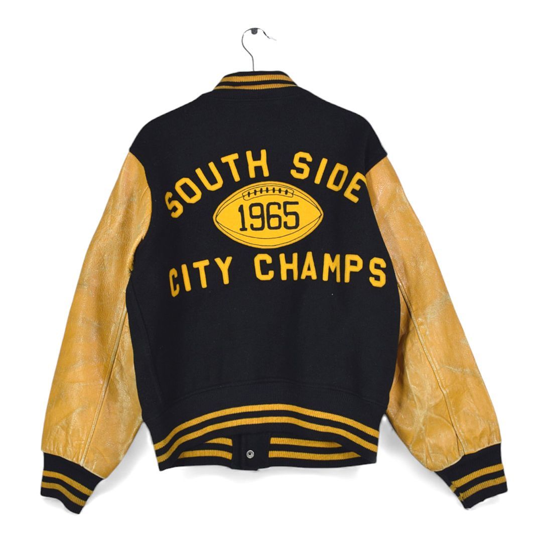 50 s 60 H A GREENE CO ヴィンテージ アワードジャケット 袖レザー スタジャン ブラック マスタード サイズL相当 古着 DZ 0769