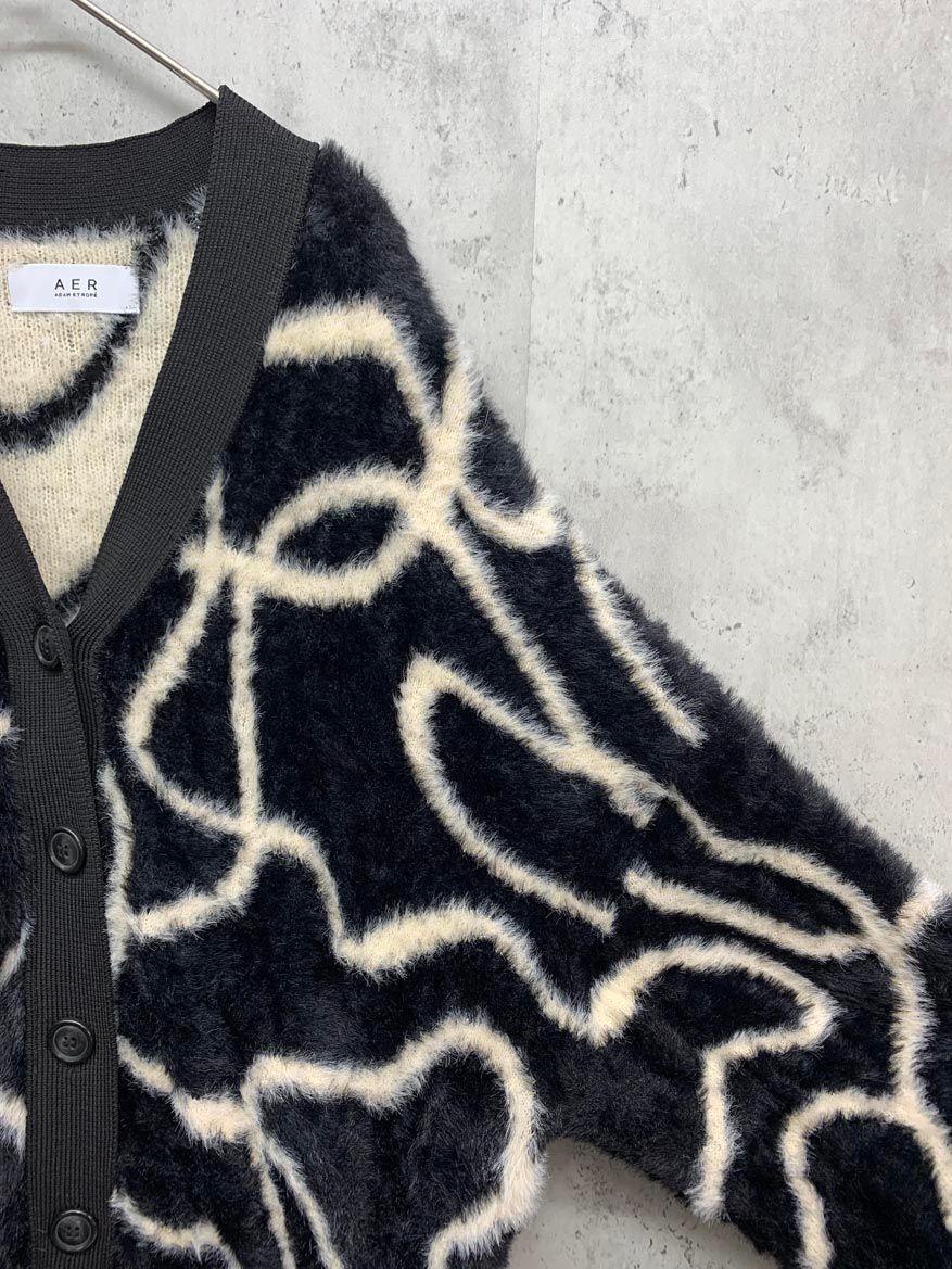 ADAM ET ROPE アダムエロペ GAK-53520-B オーバーサイズシルエット 柄 フェザーヤーンニット カーディガン sizeF 黒 レディース