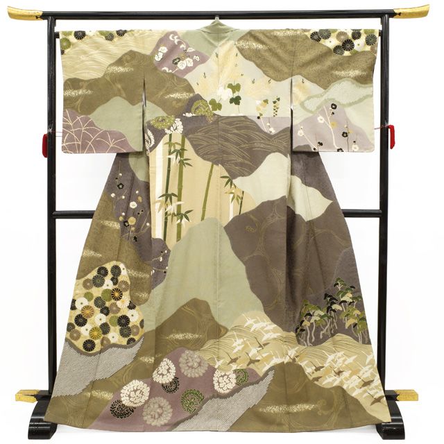 訪問着 着物 袷 フォーマル 正絹 十日町友禅 青柳 大喜百花 緑 グレー 染め分け地 菊 松竹梅 鶴 草花 金彩 金駒刺繍 春 秋 冬 仕立て上がり 身丈170 裄丈67.5 ＴＬサイズ トールサイズ ＬＬ ２Ｌ みやがわ sbs 16777