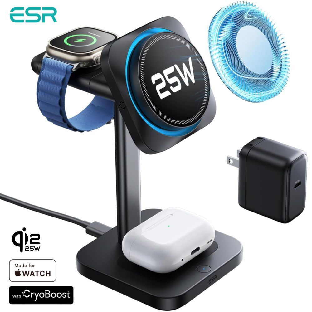 ESR 3 in 1 充電器 Qi 2.2認証25 W Magsafe充電器 冷却ワイヤレス充電器 iPhone 17 16 iOS 26バージョン以降 15 14 13 12シリーズ AirPods Apple Watch対応 アダプター付属 ブラック