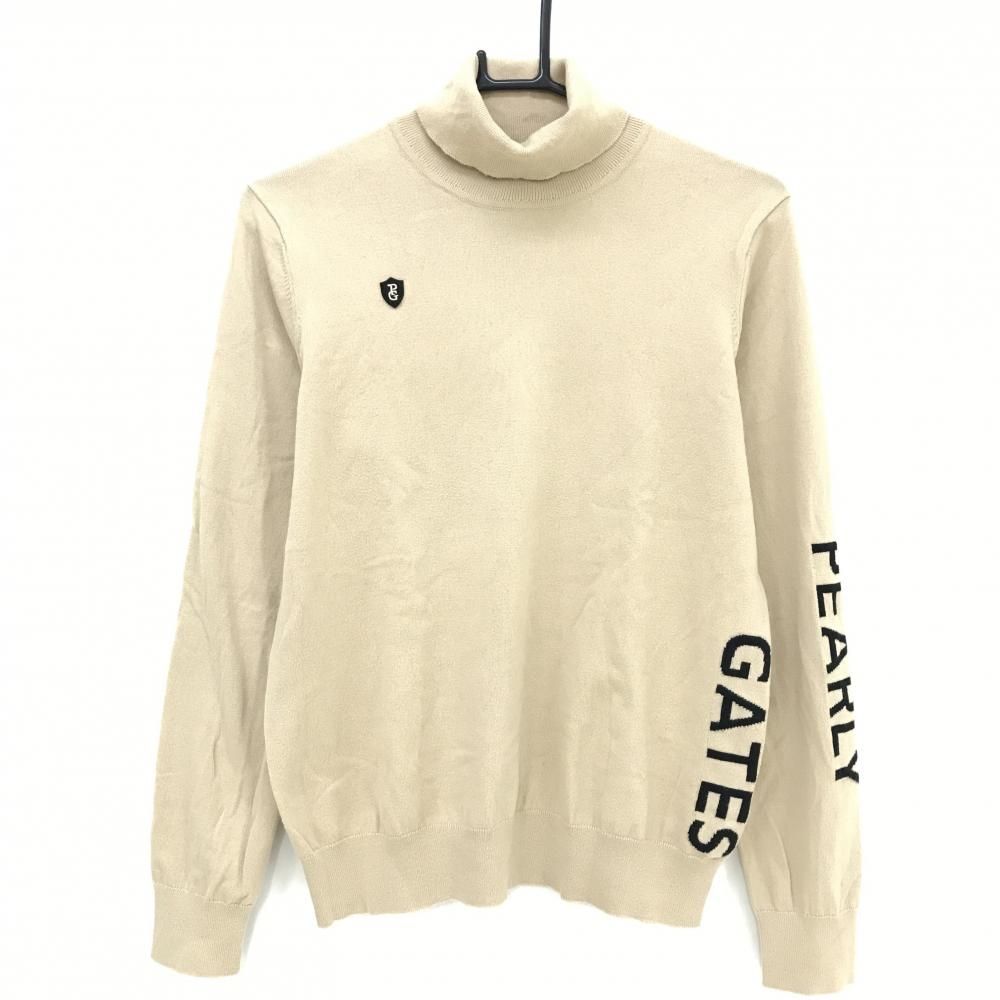 パーリーゲイツ タートルネックセーター ベージュ×黒 袖ロゴ ニット