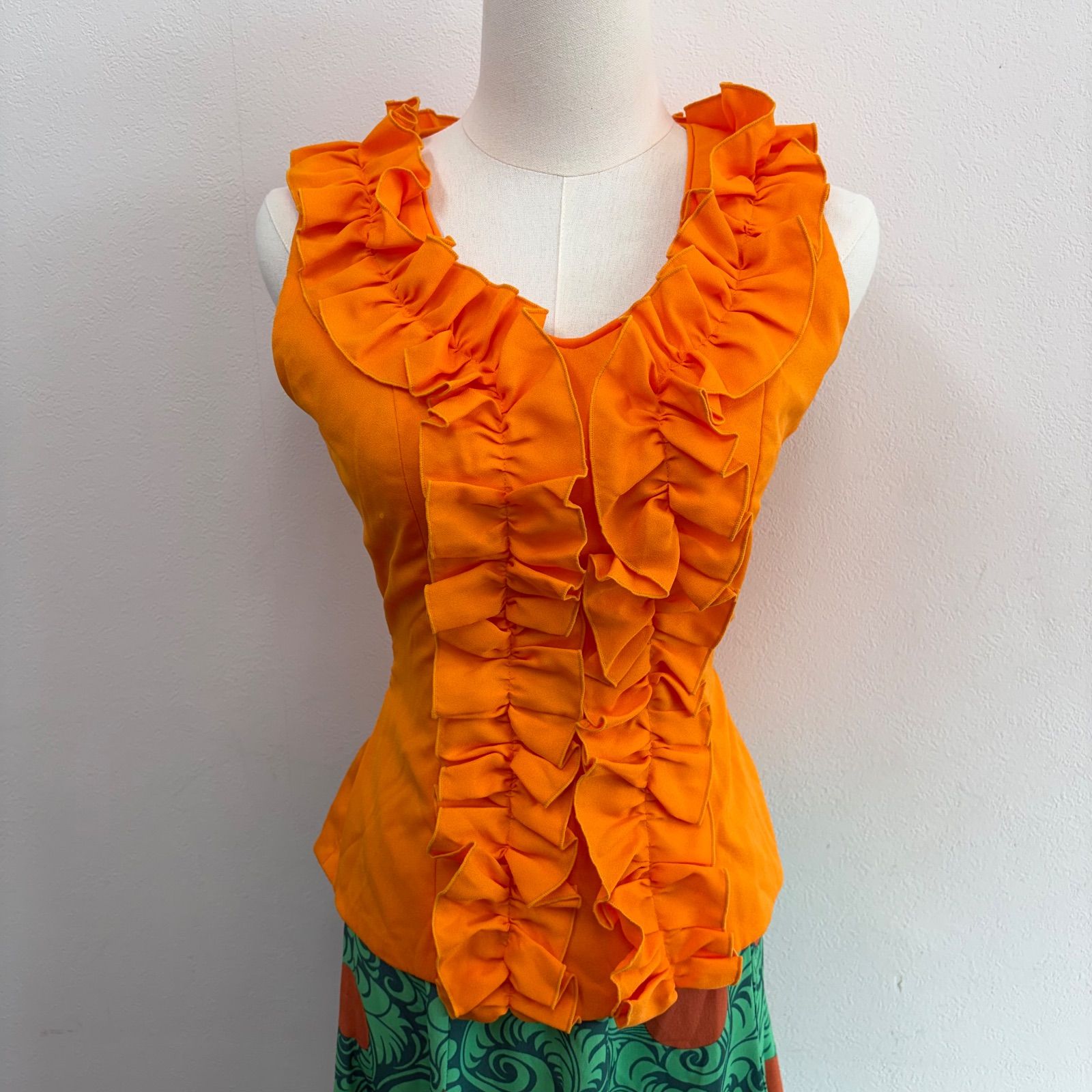 フラメンコ衣装 ツーピース フリル オレンジ グリーン 柄物 スカーフ