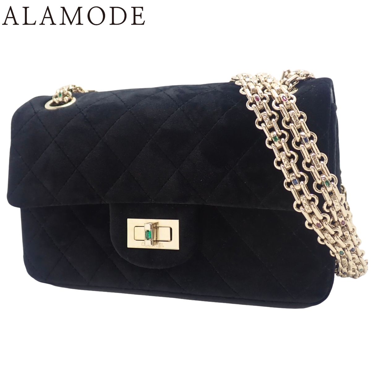 CHANEL(シャネル) 2.55 チェーンショルダーバッグ ショルダーバッグ 肩掛け ベルベット ブラック黒 シャンパンゴールド金具 レディース 40806000197【中古】【アラモード】 CHANEL(シャネル) 2.55 チェーンショルダーバッグ ショルダーバッグ