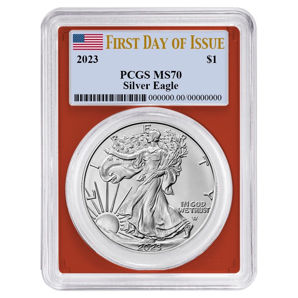1ドル アメリカン シルバー イーグル 3点セット PCGS MS 70 FDOI 国旗ラベル 赤 白 青