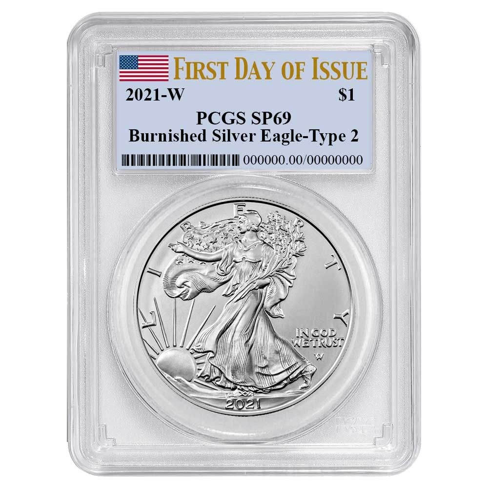2021 W バーニッシュ仕上げ 1ドル タイプ2 アメリカン シルバー イーグル PCGS SP 69 FDOI フラッグラベル