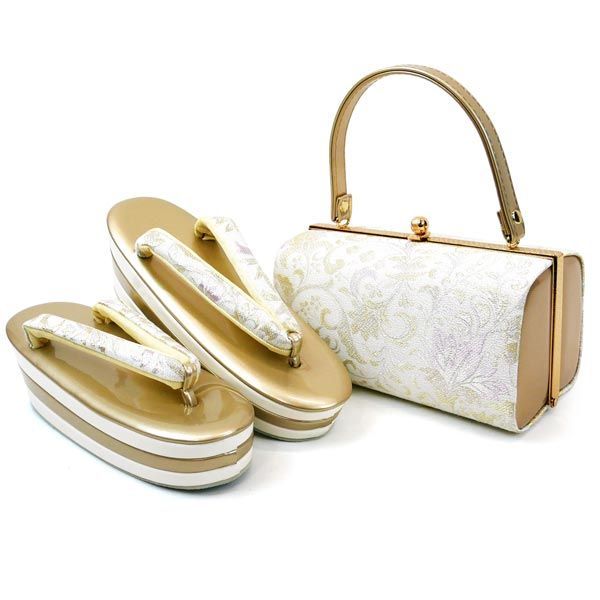 LLサイズ 振袖用 厚底 草履バッグセット zb-706 ゴールド 金 草花 ホワイト シルバー パステル 三枚芯 成人式 振袖 訪問着 付下 小紋 大きいサイズ 大きめ 県 は 京都うさぎ堂