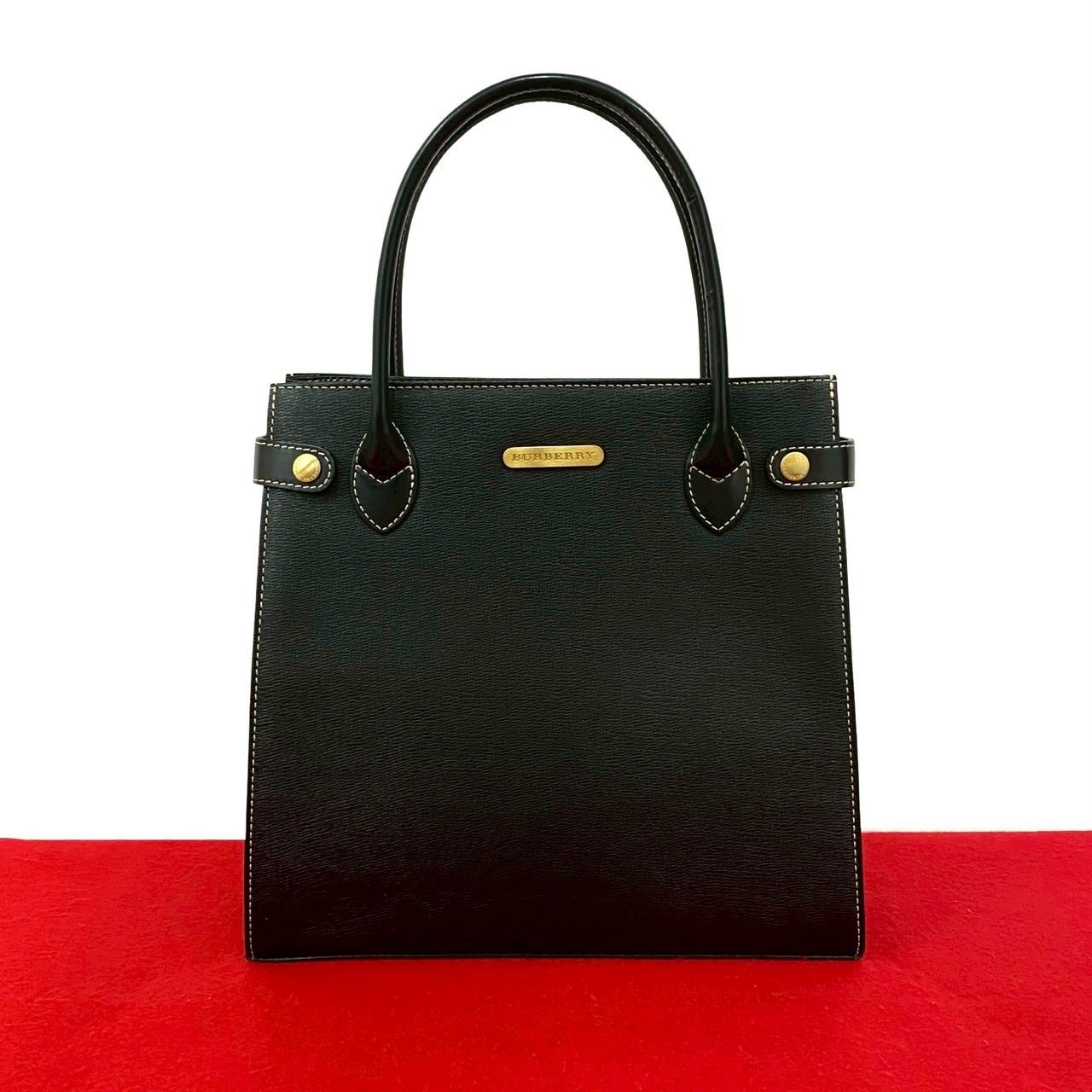 バーバリー ロゴ 金具 ノバチェック 柄 ステッチ レザー 本革 ハンドバッグ トートバッグ ブラック 黒 72056