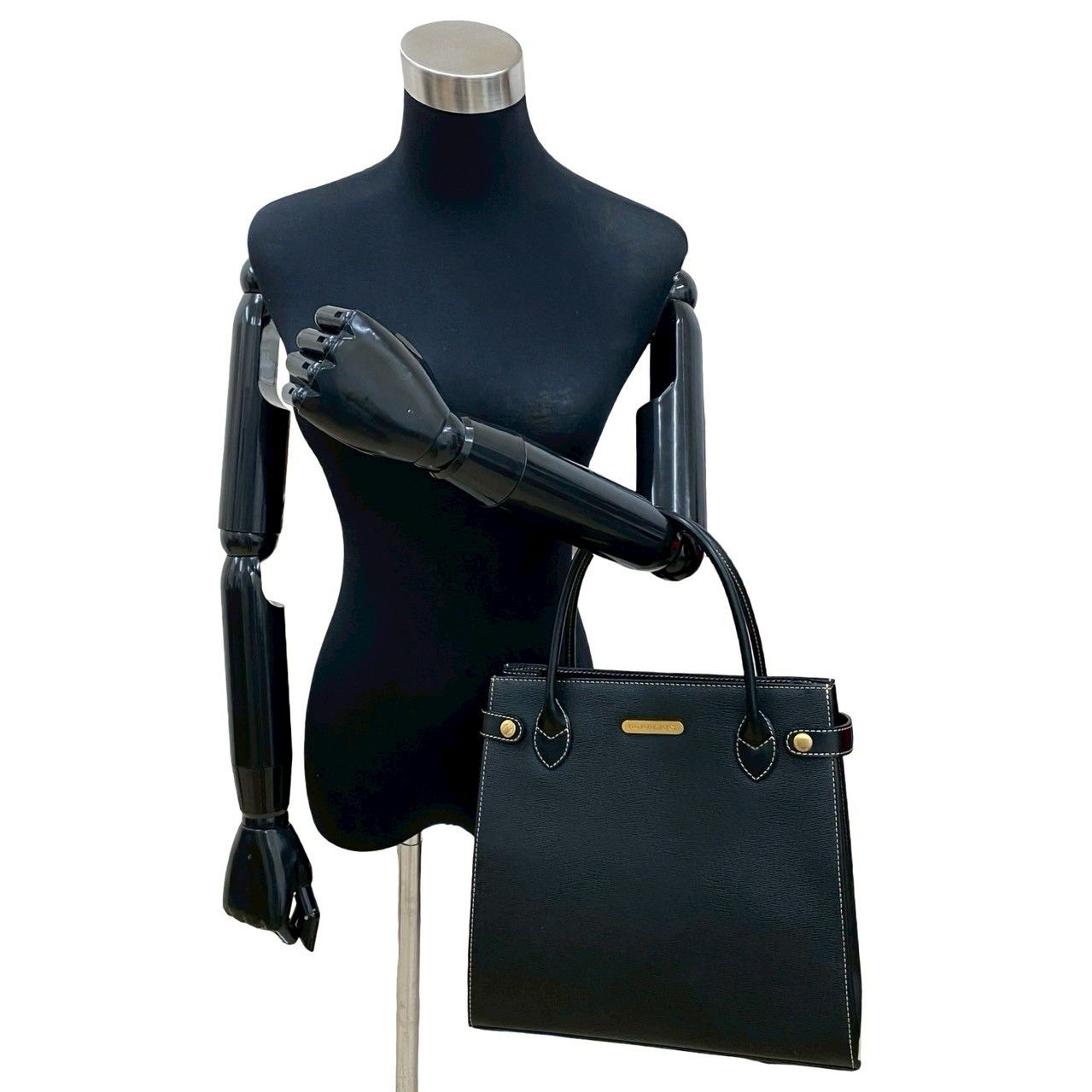 バーバリー ロゴ 金具 ノバチェック 柄 ステッチ レザー 本革 ハンドバッグ トートバッグ ブラック 黒 72056