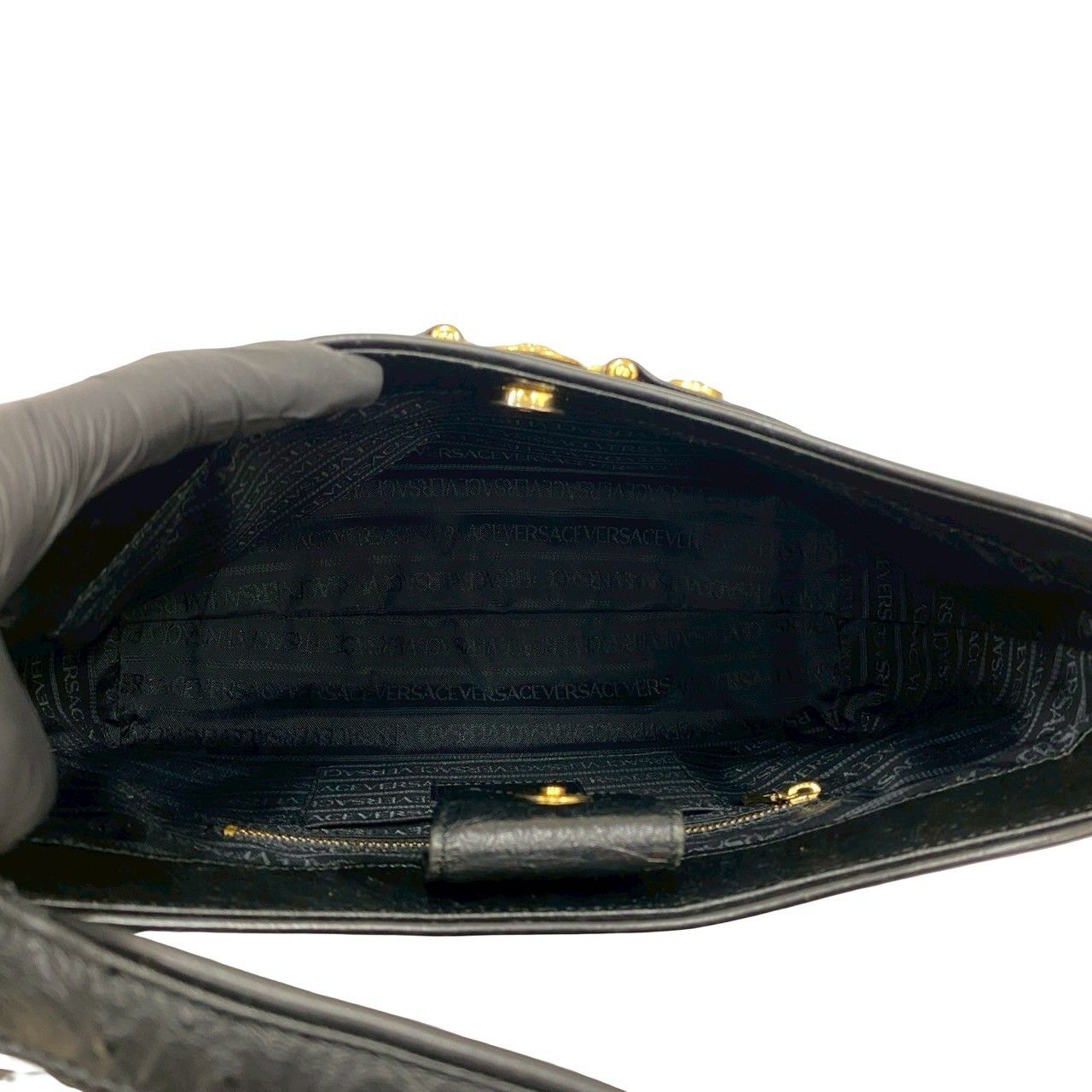 極 美品 袋付き VERSACE ヴェルサーチ サンバースト ロゴ 金具 レザー